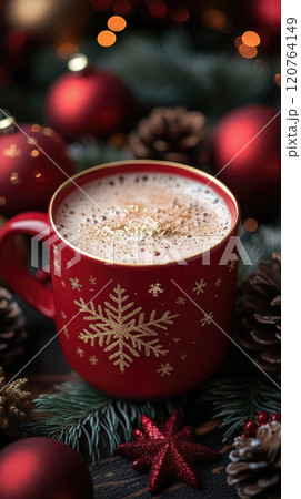 A cozy red mug hot cacao with Christmas drink, pinecones, and festive decorations, creating a warm holiday ambiance, festive background bokeh. 120764149