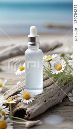 Mock up serum extract or any beauty product from natural ingredients standing on driftwood surrounded chamomile flowers. Mock up serum extract or any beauty product from natural ingredients standing on driftwood surrounded chamomile flowers. 120764281