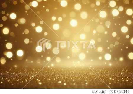 Beautiful luxury gold bokeh on defocused ocher and gold background. 120764341