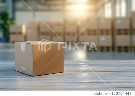 Cardboard box on floor in warehouse with blur background, freight transportation and distribution concept 120764447