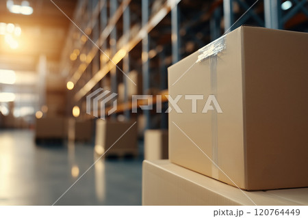 Boxes in warehouse, closeup. Logistics and wholesale concept 120764449