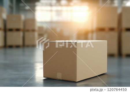 Cardboard box on the floor in warehouse background. 120764450