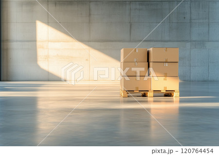 Boxes on a pallet in a warehouse. Copy space 120764454