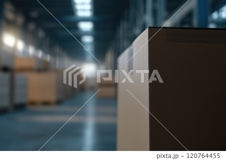 Boxes on shelf in warehouse, closeup. Logistics and wholesale concept 120764455