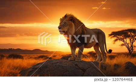 Majestic lion stands on a rock at sunset in the African savannah 120764468