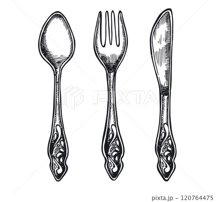 Spoon, fork and knife hand drawn illustration. Spoon, fork and knife hand drawn illustration. 120764475