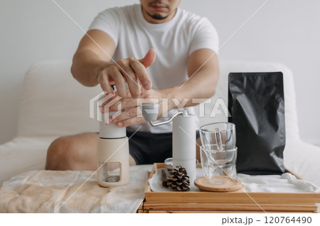 Step by step of man making espresso with hand press tools. Step by step of man making espresso with hand press tools. 120764490