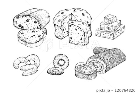 A vector set of detailed black and white ink illustrations featuring various Christmas baked goods: stollen, panettone, nougat turron, Linzer and vanill crescent shaped cookies and buche de Noel 120764820