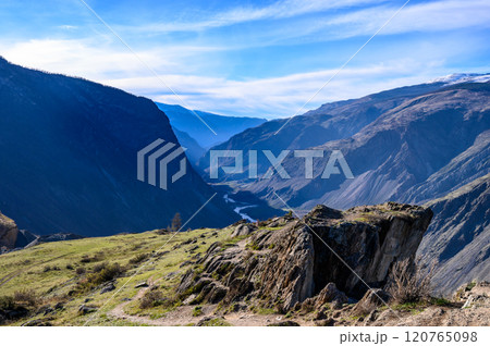 Picturesque view from the Katu-Yaryk pass to the Chulyshman River valley Picturesque view from the Katu-Yaryk pass to the Chulyshman River valley 120765098