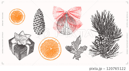 Holiday and Winter-themed Elements. Stippling Christmas Vector Set 120765122