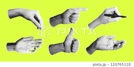 Set of halftone images of hands. Pop art retro style illustration Set of halftone images of hands. Pop art retro style illustration 120765128