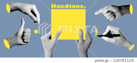 Set of halftone images of hands. Pop art retro style illustration 120765129