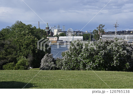 a picturesque view of Helsinki, Finland, showcasing lush green parks in the foreground a picturesque view of Helsinki, Finland, showcasing lush green parks in the foreground 120765138