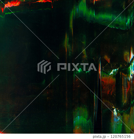 Color glitch. Scratched overlay. Distortion texture. Green red light flare dust particles grain noise weathered worn film rust stain defect illustration art abstract background. Color glitch. Scratched overlay. Distortion texture. Green red light flare dust particles grain noise weathered worn film rust stain defect illustration art abstract background. 120765156