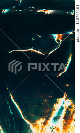Old film overlay. Damaged foil. Burn surface texture. Blue orange green color light flares dust scratch distressed uneven defect dark illustration art abstract background. Old film overlay. Damaged foil. Burn surface texture. Blue orange green color light flares dust scratch distressed uneven defect dark illustration art abstract background. 120765161