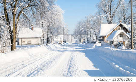 Snowy Village Street with Traditional Houses and Snow-Covered Trees in Winter Snowy Village Street with Traditional Houses and Snow-Covered Trees in Winter 120765260