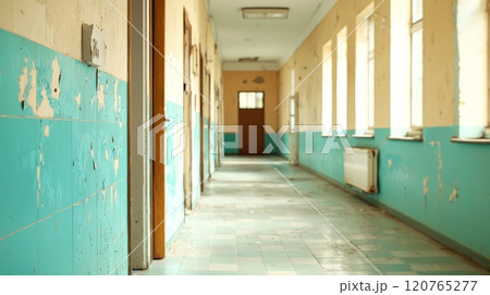 Abandoned Hospital Hallway with Peeling Paint and Worn Tile Flooring Abandoned Hospital Hallway with Peeling Paint and Worn Tile Flooring 120765277