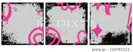 Grunge spray urban background set with pink graffiti element, brush strokes, and rough paint. Retro design with abstract black shape and ink pattern for poster or photo Grunge spray urban background set with pink graffiti element, brush strokes, and rough paint. Retro design with abstract black shape and ink pattern for poster or photo 120765321