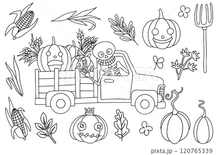 Vector drawing. Set of cute characters and elements for Halloween. Coloring book in vintage style 120765339