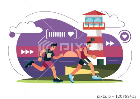 Running characters. Athletes in sports uniforms, city marathon. Sport competition, jogging men. Athletic runners. Healthy lifestyle background. Vector cartoon isolated sportsman illustration Running characters. Athletes in sports uniforms, city marathon. Sport competition, jogging men. Athletic runners. Healthy lifestyle background. Vector cartoon isolated sportsman illustration 120765415
