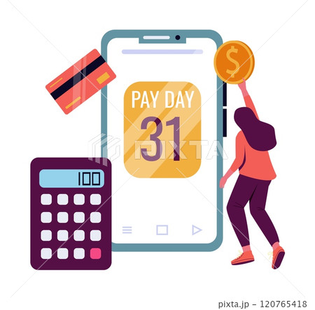 Pay day. Credit card or cash payment. Wage for working. Payday at phone calendar. Mobile app. Payoff to employee. Money planning with calculator. Worker waiting salary. Vector concept Pay day. Credit card or cash payment. Wage for working. Payday at phone calendar. Mobile app. Payoff to employee. Money planning with calculator. Worker waiting salary. Vector concept 120765418