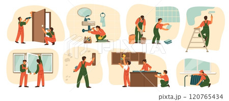 Building icons. Home renovation. Wall painting. Workers installing door or window. Builder laying tile. Constructor occupation. Professional brigade. House repair vector concepts set 120765434