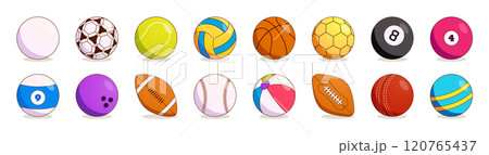 Sport ball. Basketball, soccer, tennis or cricket game. For colorful volleyball, baseball or bowling. Various golf or hockey. Different games equipment. Vector cartoon flat isolated illustration 120765437