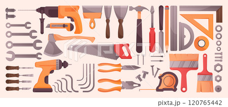 Repair tools. Screwdriver, hammer saw and spanner in building toolbox, wrench and helmet as house instruments, carpentry toolbox. Vector cartoon flat isolated construction equipment set 120765442
