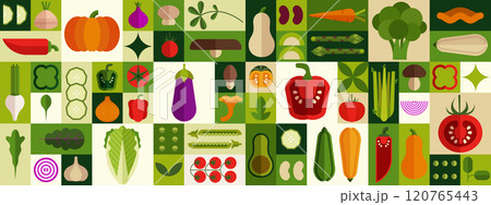 Food icon. Healthy farm pattern, fresh supermarket products like cucumber, salad and pumpkin. Simple green market Bauhaus style pattern. Cartoon geometry ornament. Vector mosaic background 120765443