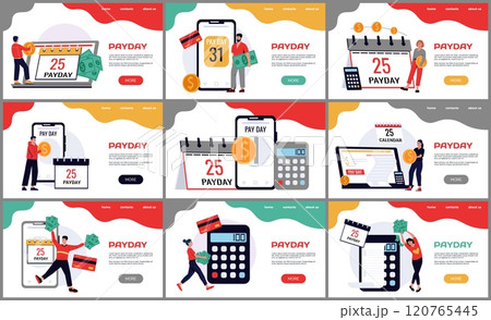 Payday landing page. Pay day at calendar. Worker waiting salary. Wage calculation. Money payment. Website design template. Paycheck planner. Payoff to employee. Vector backgrounds set 120765445