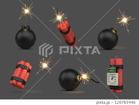 3d dynamite. Bomb tnt fuse, detonator explosive isolated military elements different side view. Realistic burning ignite, danger wick fuze, pyrotechnics and mine with timer. Vector isolated set 3d dynamite. Bomb tnt fuse, detonator explosive isolated military elements different side view. Realistic burning ignite, danger wick fuze, pyrotechnics and mine with timer. Vector isolated set 120765446