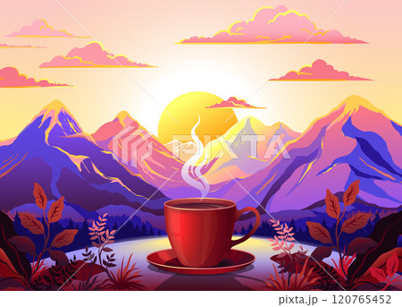 Coffee break. Morning tea cup. Hot drink steam. Breakfast food on kitchen. Nature panorama. Restaurant art with green leaves and scenic sunrise. Mountain landscape. Vector background Coffee break. Morning tea cup. Hot drink steam. Breakfast food on kitchen. Nature panorama. Restaurant art with green leaves and scenic sunrise. Mountain landscape. Vector background 120765452
