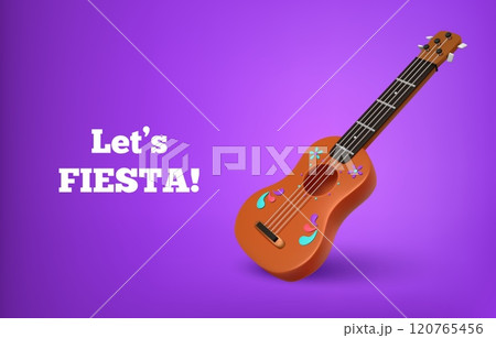 3D guitar. Mexican mariachi element. Ukulele Latin music art. Hawaii render acoustic musical instrument. Flamenco song. Traditional holiday party. Flower ornament. Vector fiesta background 120765456