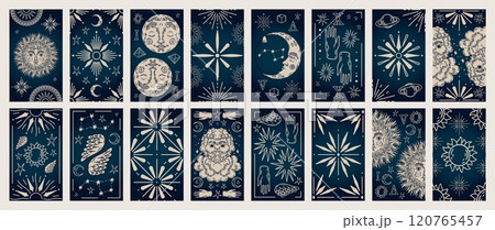 Tarot cards. Magic sun moon, mythic witch symbols. Vintage spiritual graphic astrology or esoteric posters. Hand drawn ornamental symbols. Occultism bohemian poster. Vector illustration 120765457