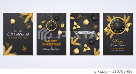 New Year greeting cards. Happy Merry Christmas celebration. Gold fir tree branch. Holiday time. Gift boxes. Golden decoration. Holly leaves. Luxury design. Vector festive black banners set 120765459