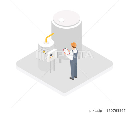 Isometric tanks and factory equipment. Factory or plant worker 3D vector illustration. Isometric tanks and factory equipment. Factory or plant worker 3D vector illustration. 120765565