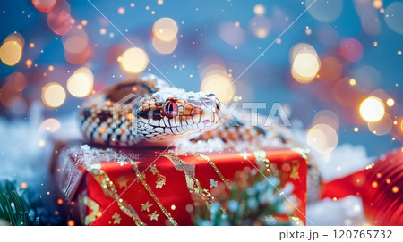Banner with cute snake on gift box and bokeh background. Symbol of New Year 2025 Banner with cute snake on gift box and bokeh background. Symbol of New Year 2025 120765732