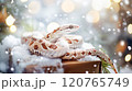 Banner with cute snake on gift box and bokeh background. Symbol of New Year 2025 120765749