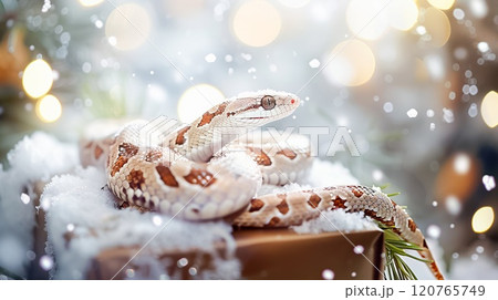 Banner with cute snake on gift box and bokeh background. Symbol of New Year 2025 120765749