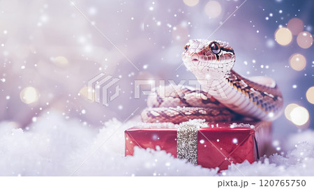 Banner with cute snake on gift box and bokeh background. Symbol of New Year 2025 Banner with cute snake on gift box and bokeh background. Symbol of New Year 2025 120765750