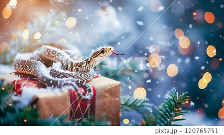 Banner with cute snake on gift box and bokeh background. Symbol of New Year 2025 Banner with cute snake on gift box and bokeh background. Symbol of New Year 2025 120765751