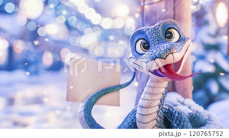 Banner with cute snake close up with table for text and bokeh background in cartoon style. Symbol of New Year 2025 Banner with cute snake close up with table for text and bokeh background in cartoon style. Symbol of New Year 2025 120765752