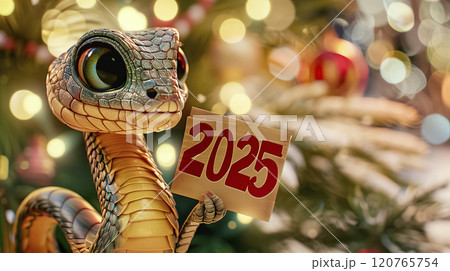 Banner with cute snake close up with table for text and bokeh background in cartoon style. Symbol of New Year 2025 120765754