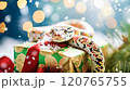 Banner with cute snake on gift box and bokeh background. Symbol of New Year 2025 120765755