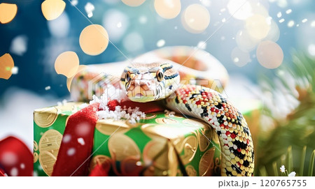 Banner with cute snake on gift box and bokeh background. Symbol of New Year 2025 120765755