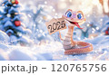 Banner with cute snake close up with table for text and bokeh background in cartoon style. Symbol of New Year 2025 120765756