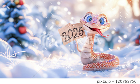 Banner with cute snake close up with table for text and bokeh background in cartoon style. Symbol of New Year 2025 120765756