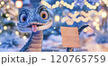 Banner with cute blue snake close up with table for text and bokeh background in cartoon style. Symbol of New Year 2025 120765759