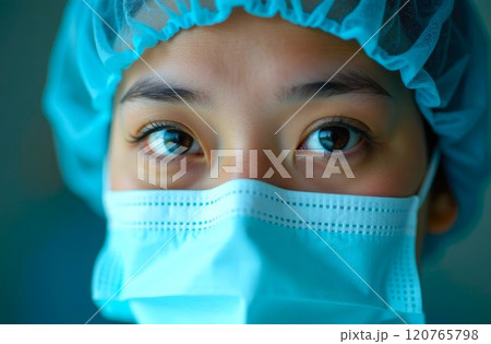 Healthcare worker in medical mask close-up. Portrait of asian female, healthcare professional in protective gear focuses on safety	 120765798