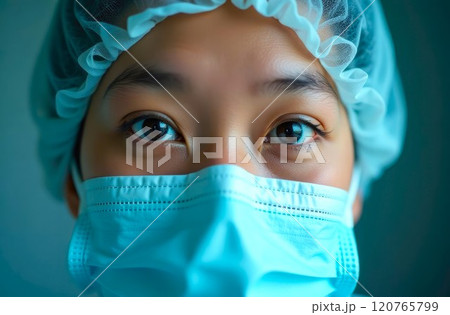 Healthcare worker in medical mask close-up. Portrait of asian female, healthcare professional in protective gear focuses on safety	 120765799